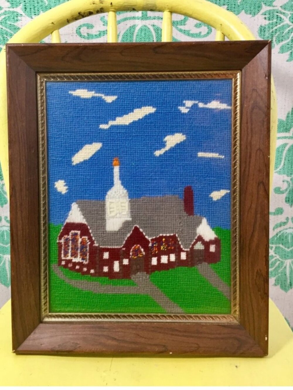 Vintage Embroidered Church Picture, Crewel Church Scene